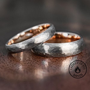 Hammered Silver Rose Gold Tungsten Wedding Ring Set His and Hers, 4mm/6mm Bands Active