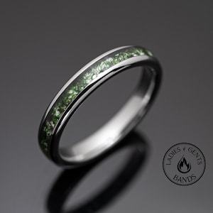 Thin Moss Agate Ring Silver Tungsten Wedding Ring in 4mm width - Mens & Womens Ring