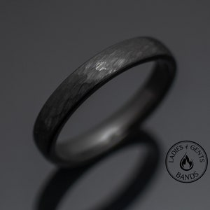 Black Obsidian Hammered Tungsten Wedding Band in 4mm, Engagement Ring