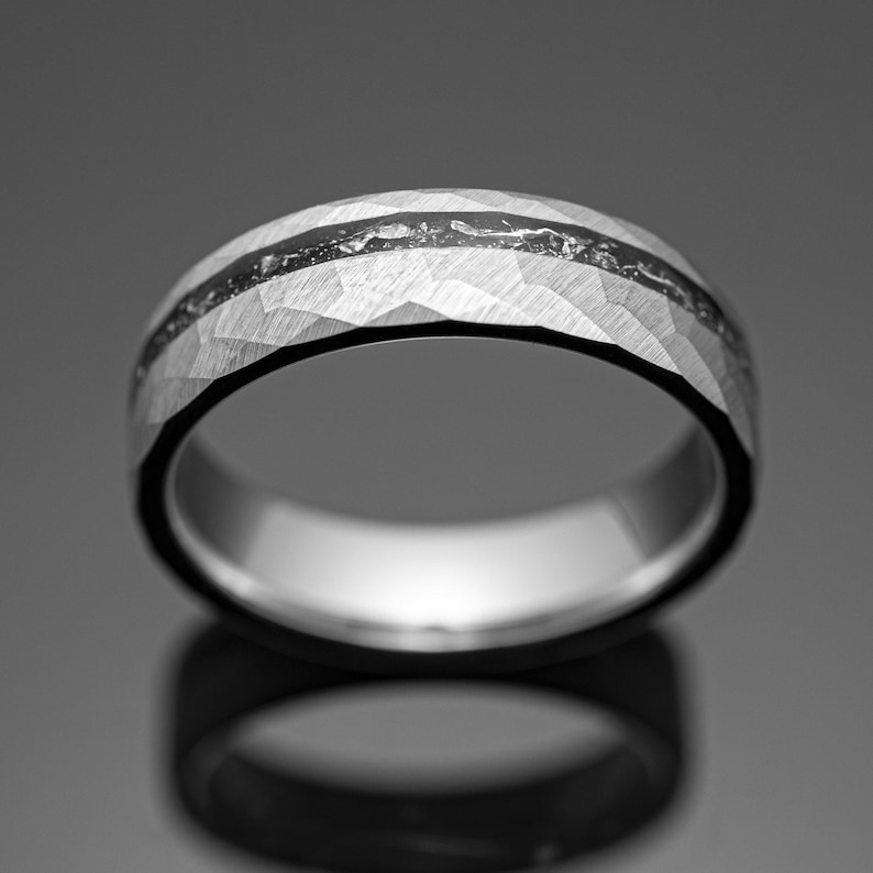 6mm METEORITE Wedding Ring | Silver Custom Men Tungsten Band - Mens Meteorite Ring | Silver Meteorite Wedding Band for Men meteorite inlay image 10