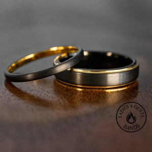 Black Obsidian-styled Gold Tungsten Wedding Ring Set His and Hers, 2mm/5mm Brushed Bands