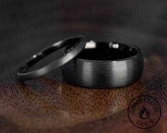 Black Obsidian Brushed Tungsten Wedding Ring Set His and Hers, 2mm/8mm Bands