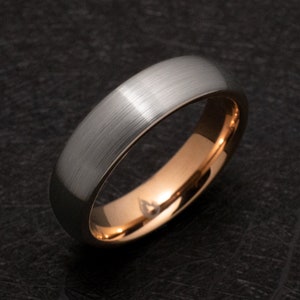 Silver Tungsten Wedding Ring with Rose Gold Inlay in 6mm Unisex Ring