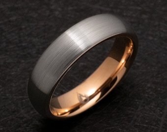 Silver Tungsten Wedding Ring with Rose Gold Inlay in 6mm Unisex Ring