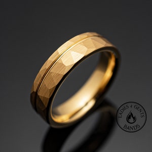 Gold Hammered Strip Tungsten Wedding Band Ring in 6mm Width