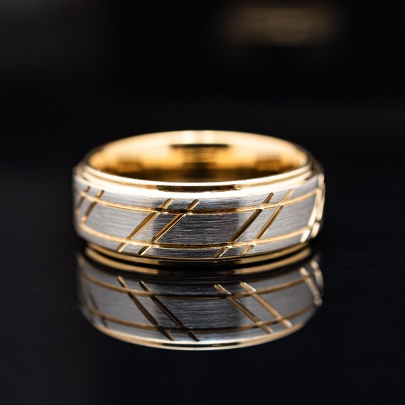 8mm Tungsten Carbide Men's Wedding Band – Gold Plated Brushed Finish – Sizes 9-13.5