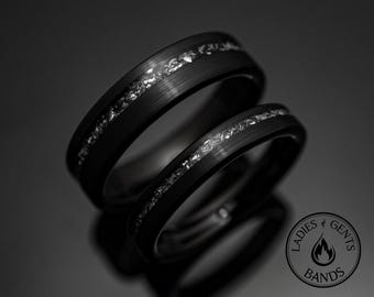 Black Meteorite Tungsten Wedding Ring Set His and Hers 4mm/6mm Widths Brushed
