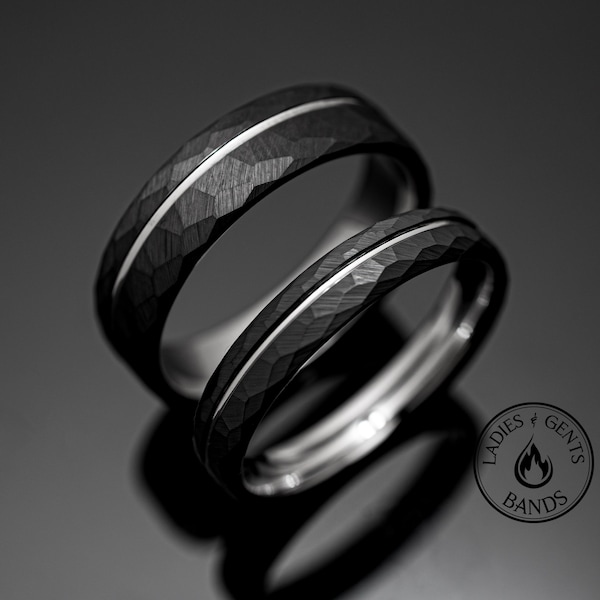 4 mm / 6 mm gehämmerter Obsidian Wolfram Eheringe, Paar für Sie und Ihn