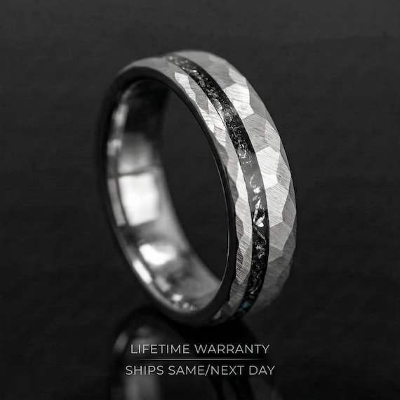 6mm METEORITE Wedding Ring | Silver Custom Men Tungsten Band - Mens Meteorite Ring | Silver Meteorite Wedding Band for Men meteorite inlay