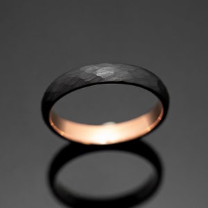 2mm/4mm Hammered Obsidian Rose Gold Tungsten Wedding Ring Set His and Hers, Black Hammered wedding band set image 6