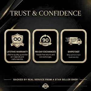 The image is a promotional graphic for a seller's shop, featuring three icons representing trust and confidence in their products and services.