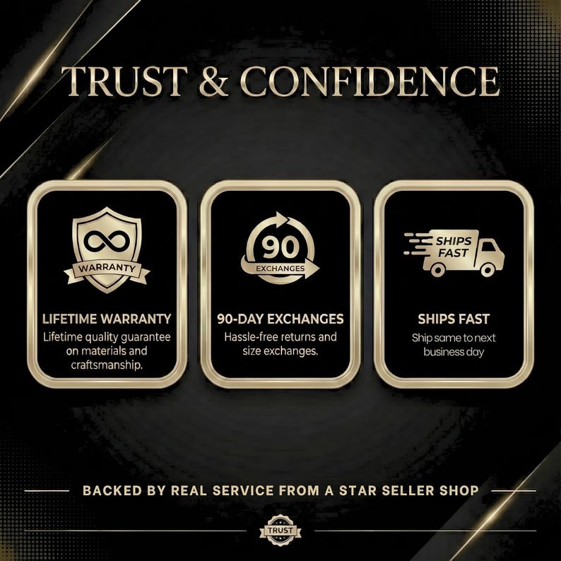 The image is a promotional graphic for a seller's shop, featuring three icons representing trust and confidence in their products and services.