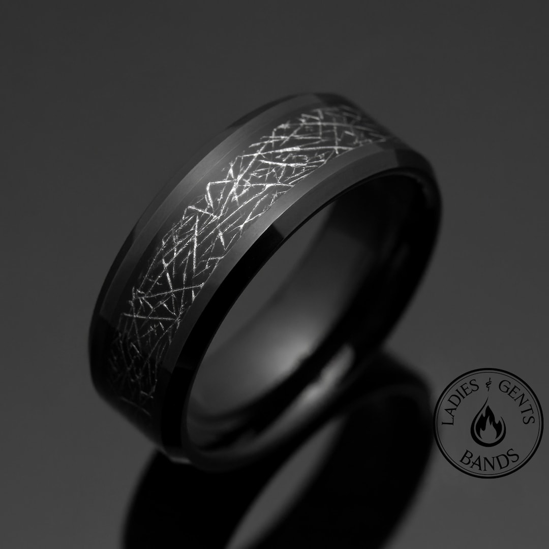 8mm Black Meteorite Wedding Ring, Black Polished Mens Wedding Band