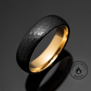 Black Obsidian Hammered Tungsten Wedding Band Ring in 6mm Width | Gold Inlay