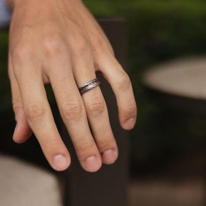 6mm METEORITE Wedding Ring | Silver Custom Men Tungsten Band - Mens Meteorite Ring | Silver Meteorite Wedding Band for Men meteorite inlay image 3