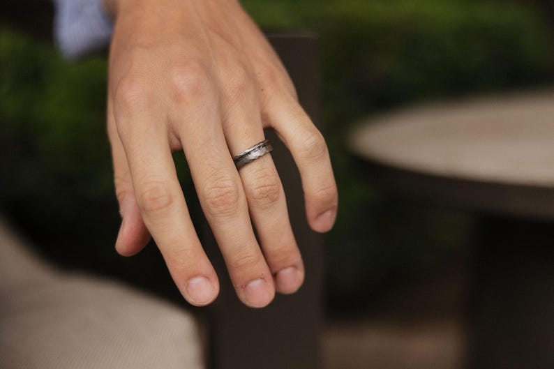 6mm METEORITE Wedding Ring | Silver Custom Men Tungsten Band - Mens Meteorite Ring | Silver Meteorite Wedding Band for Men meteorite inlay image 3