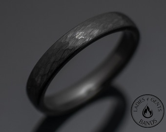 Black Obsidian Hammered Tungsten Wedding Band in 4mm, Engagement Ring