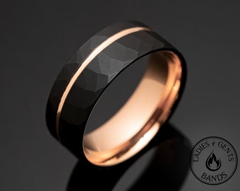 8mm Black Hammered Rose Gold Obsidian Tungsten Wedding Band, Mens Ring