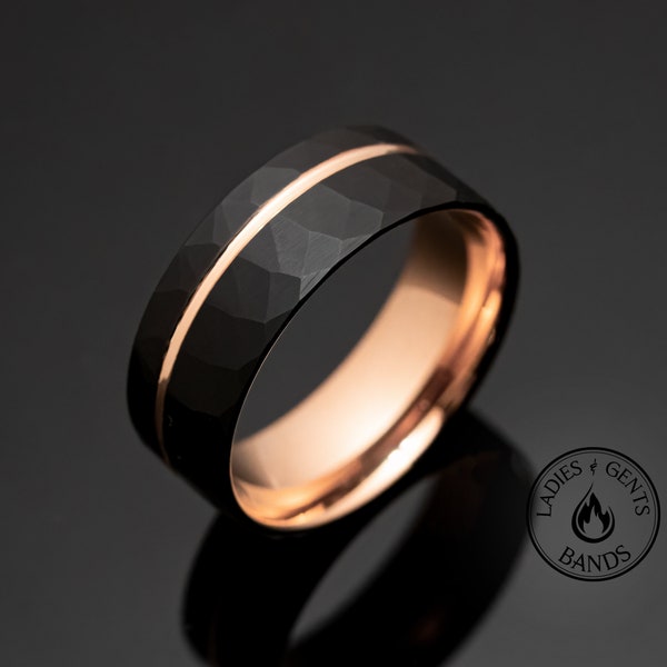8mm Black Hammered Rose Gold Obsidian Tungsten Wedding Band, Mens Ring