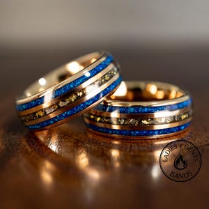 Rose Gold Leaf Meteorite Blue Opal Tungsten Ring | Gold 24k Mens Wedding Band | Unique Promise Ring