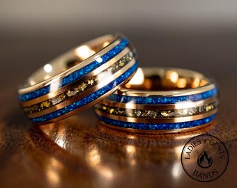 Rose Gold Leaf Meteorite Blue Opal Tungsten Ring | Gold 24k Mens Wedding Band | Unique Promise Ring
