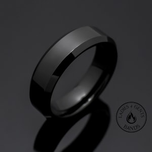 Black Obsidian Tungsten Wedding Ring, 6mm Black Wedding Band Ring for Him