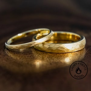 Gold Hammered Tungsten Wedding Ring Set His and Hers, 2mm/4mm Bands image 1