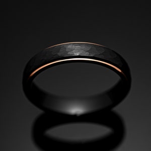 Black Obsidian Rose Gold Tungsten Carbide Ring, Black Hammered Wedding Band for Men, 5mm width ring, Wedding Ring Gift, Tungsten Carbide, image 5