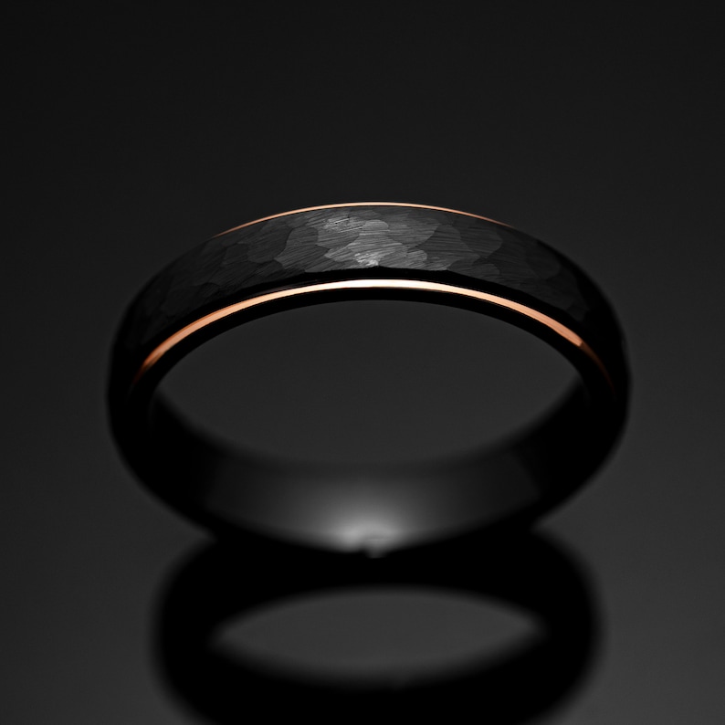 Black Obsidian Rose Gold Tungsten Carbide Ring, Black Hammered Wedding Band for Men, 5mm width ring, Wedding Ring Gift, Tungsten Carbide, image 5