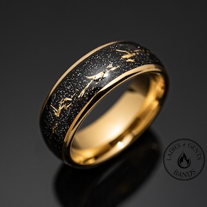 Gold Leaf Galaxy Wedding Ring, Meteorite Tungsten Mens and Womens Wedding Band in 8mm