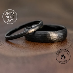 2 mm/6 mm svart hamrad obsidian volfram vigselringar i set med armband för honom och henne