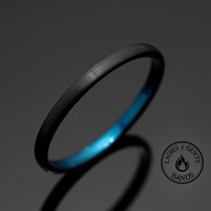 2mm Black Obsidian Brushed Tungsten Ring, Blue Inlay 2mm Round Dome Design, wedding band, unisex engagement ring
