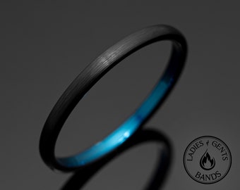 2mm Black Obsidian Brushed Tungsten Ring, Blue Inlay 2mm Round Dome Design, wedding band, unisex engagement ring