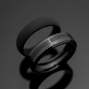 6mm Obsidian Tungsten Silicone Ring Set, Black Silicone Wedding Band for Men, Wedding Ring Gift, Tungsten Carbide, Man Ring,