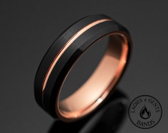 6 mm schwarzer Obsidian-Wolfram-Ehering aus gebürstetem Roségold, Herrenring