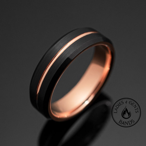 Alianza de boda de tungsteno de obsidiana de oro rosa cepillado negro de 6 mm, anillo para hombre