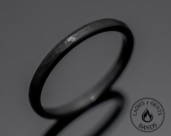 Black Obsidian Hammered Tungsten Ring, 2mm Round Dome Design, rings for men, rings for women, anniversary, wedding band, engagement band