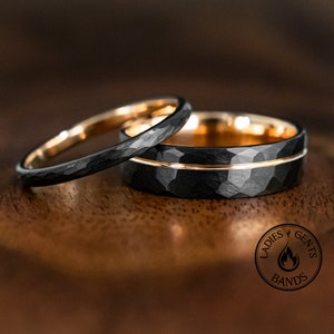 Custom Hammered Obsidian Rose Gold Tungsten Wedding Ring Set His and Hers, 2mm/6mm Bands Active