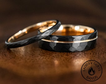 Custom Hammered Obsidian Rose Gold Tungsten Wedding Ring Set His and Hers, 2mm/6mm Bands Active