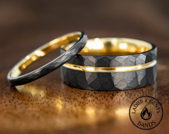 Black Hammered Obsidian Gold Tungsten Wedding Ring Set His and Hers, 2mm/8mm Bands Active