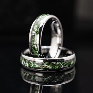 6mm Moss Agate Ring Silver Tungsten Wedding Ring - Mens & Womens Ring
