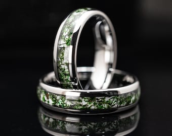 Anel de ágata musgosa de 6 mm em tungstênio prateado - Aliança para homens e mulheres