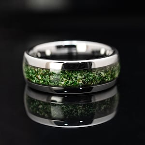 Moss Agate Silver Tungsten Wedding Ring in 8mm - Mens & Womens Band