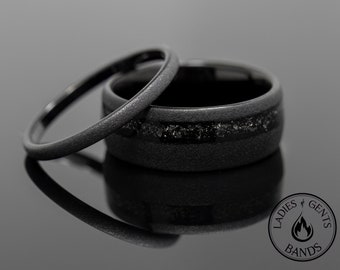 Juego de anillos de boda de tungsteno de meteorito arenado gris negro para él y para ella, bandas de 2 mm/8 mm