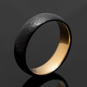 Black Obsidian Hammered Tungsten Wedding Band Ring in 6mm Width Gold Inlay image 5