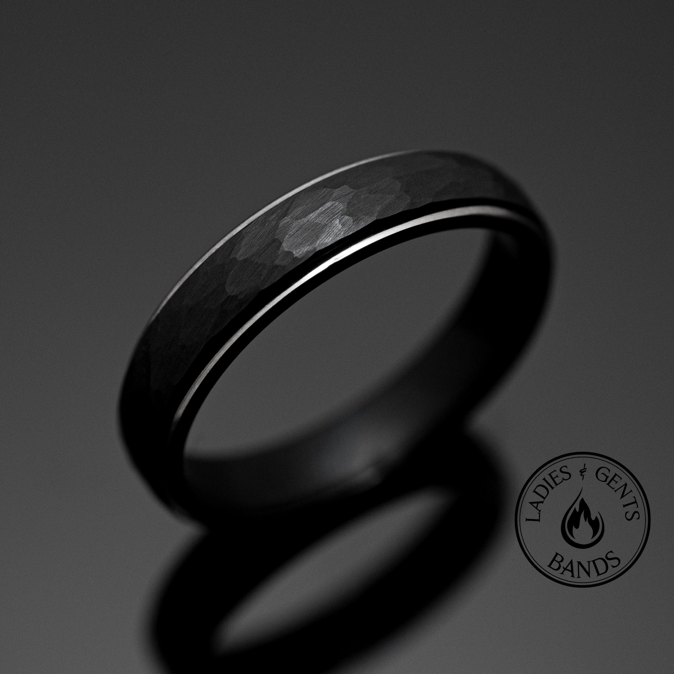 Black Obsidian Silver Tungsten Carbide Ring, Black Hammered