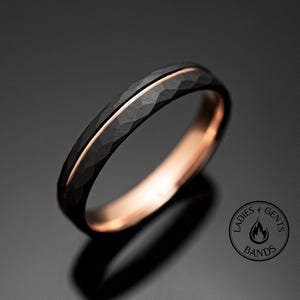 Black Hammered Obsidian Wedding Band, Rose Gold Tungsten Ring For Her in 4mm | For Him