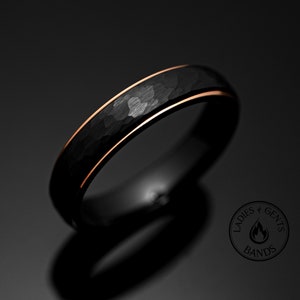 Black Obsidian Rose Gold Tungsten Carbide Ring, Black Hammered Wedding Band for Men, 5mm width ring, Wedding Ring Gift, Tungsten Carbide,