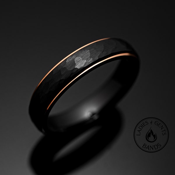 Schwarzer Obsidian Roségold Wolframkarbid Ring, Schwarz gehämmerter Ehering für Männer, 5mm breiter Ring, Ehering Geschenk, Wolframkarbid,