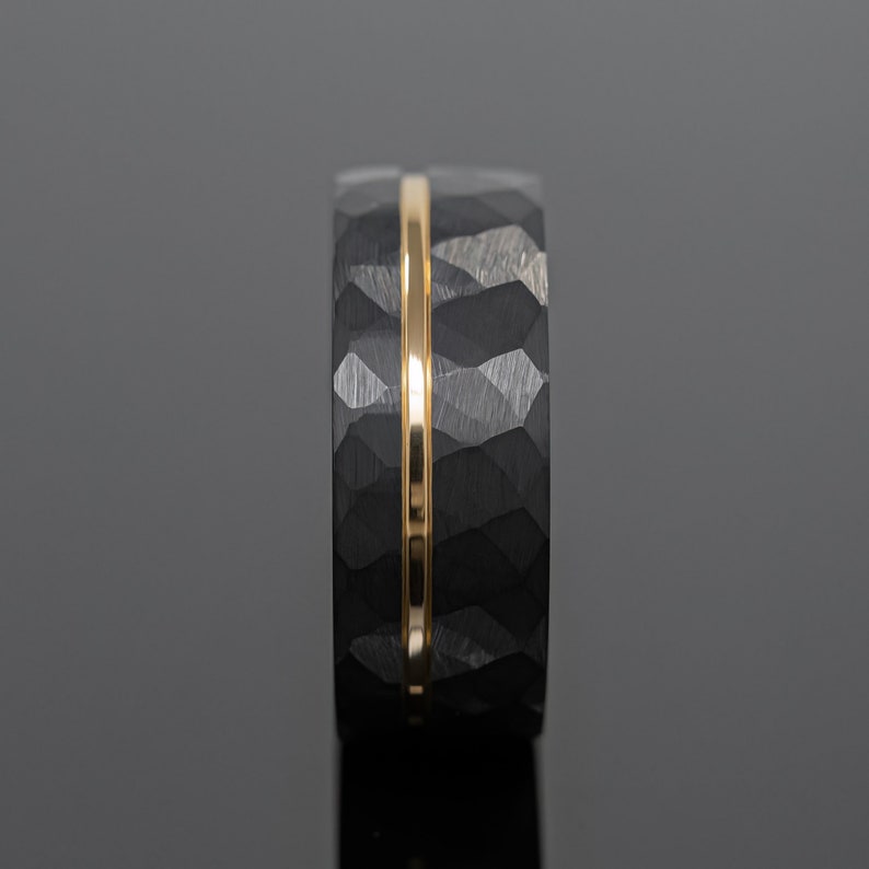 8mm Black Hammered Gold Obsidian Tungsten Wedding Band, Mens Ring image 3
